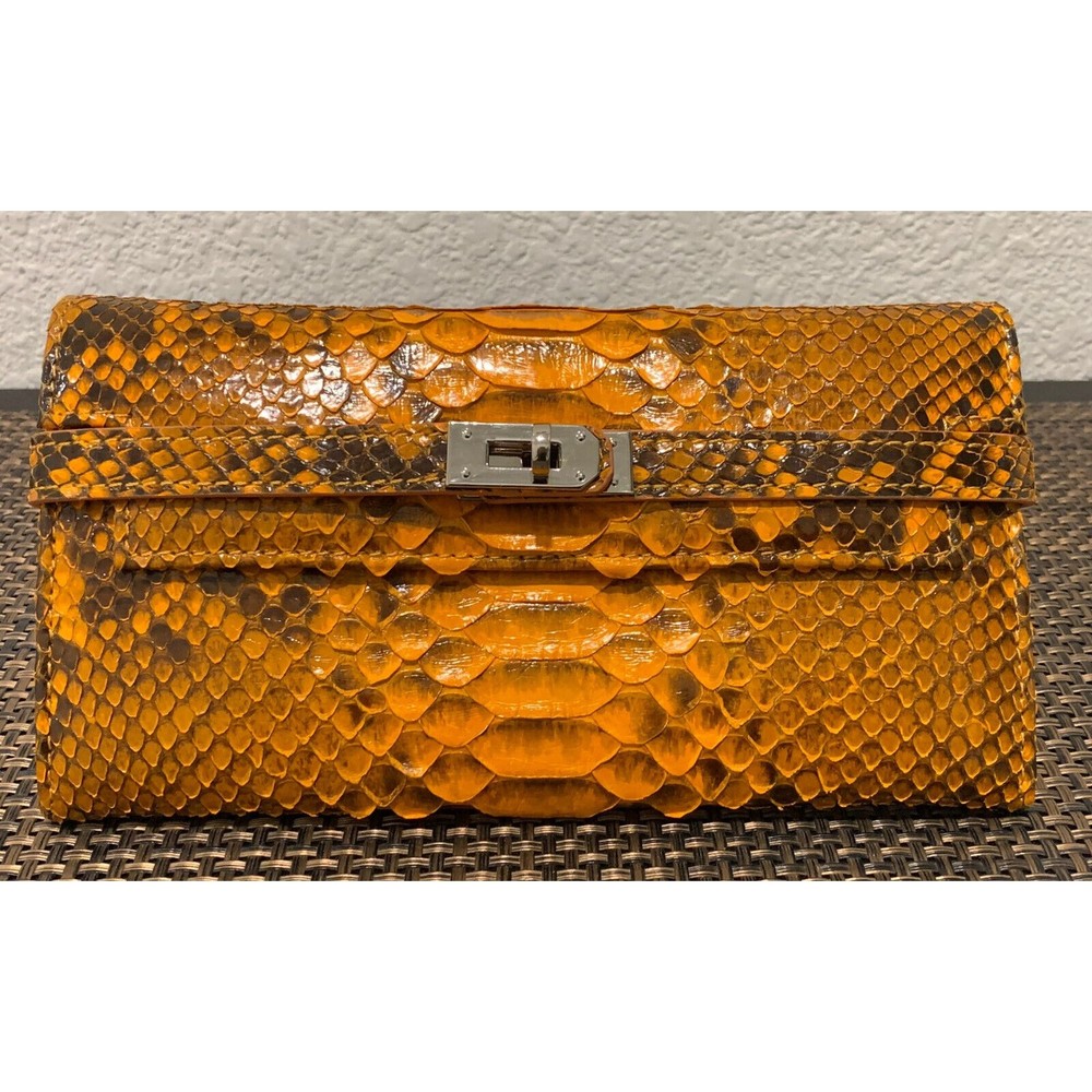 Real Orange Sea Snake Exotic Leather Vintage Chic Clutch Envelope Purse Bag